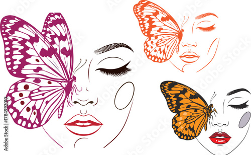 Abstract portrait of a woman with butterflies in vibrant pixel art illustration