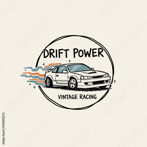 Vintage Drift Power Emblem. Retro Sport Car Badge Design. Hand Drawn Race Car Logo. JDM Style Vector Illustration. Automotive Speed Graphic Art