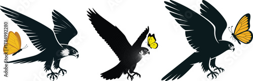 Falcon and Butterfly Vector Logo Set: Predator and Prey Wildlife Silhouette Illustrations Digital Download