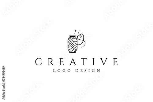 Knitting wool ball logo with heart shaped yarn in line art design style inspiration