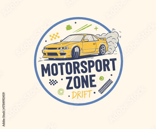Motorsport Zone Drift Badge. Retro Drift Car Emblem. Yellow Coupe Racing Logo. Vintage JDM Sport Vector. Extreme Car Drifting Patch