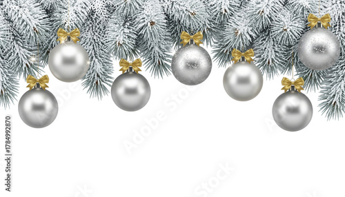 Silver christmas balls with gold bows on snowy fir branches isolated on transparent background