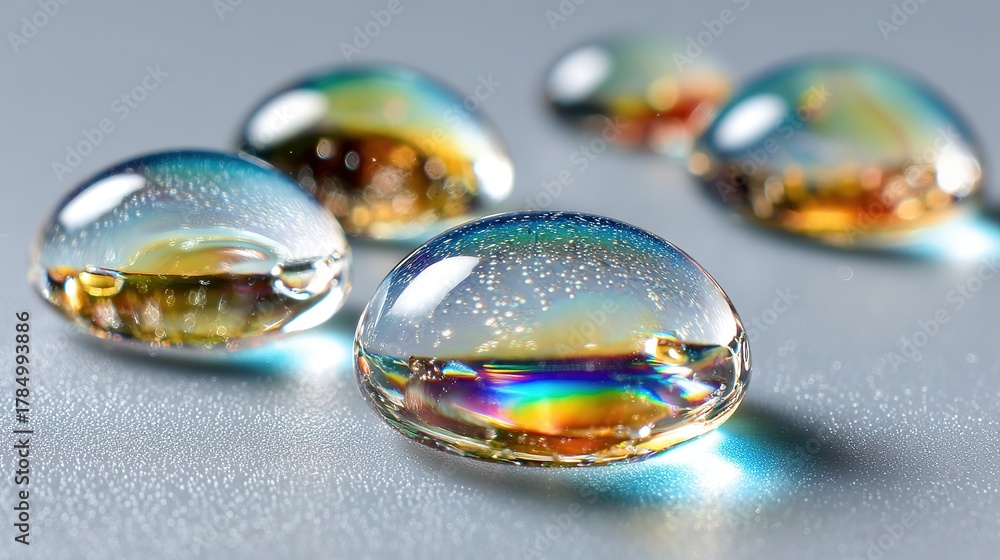 Fototapeta premium Water droplet close-up: A mesmerizing close-up of water droplets, each one a miniature lens refracting light to create a vibrant display of rainbow hues.