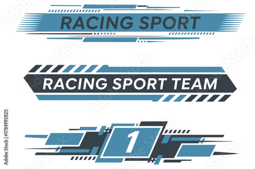 Sport car decal and stripe vector set. Collection of racing stripe designs for car wraps, speed line graphics, motorsport decals, automotive illustrations, and custom vehicle decoration projects