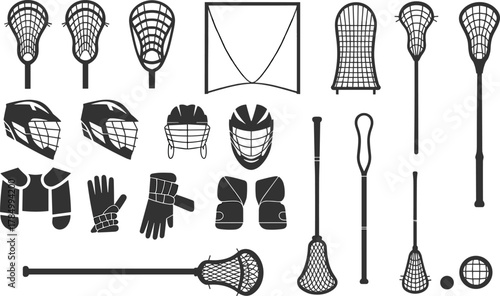Lacrosse equipment silhouette set, sticks, helmets, pads, gloves, goal, balls, protective gear, sports icons, flat vector illustration, isolated design