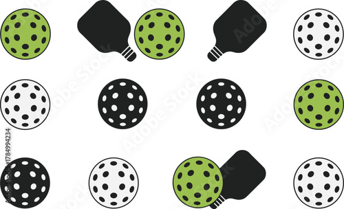 Pickleball paddle and ball pattern, sports equipment icons, game gear layout, active lifestyle symbols, seamless design – flat vector illustration