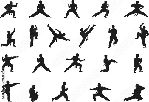 Martial arts silhouette poses, fighting stances, karate and taekwondo kicks, self-defense movements, athlete training icons – flat vector illustration