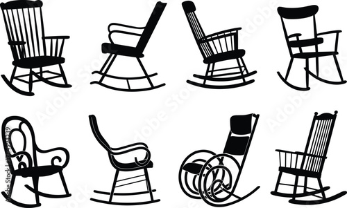Rocking chair silhouette set, vintage furniture icons, classic seat shapes, retro home decor, black vector style, flat vector illustration