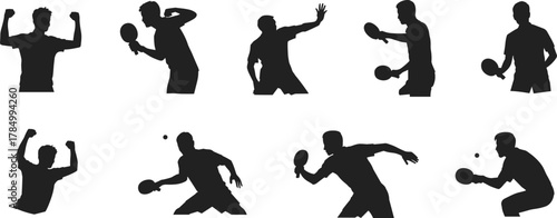 Table tennis player silhouettes, dynamic poses, paddle action, sport movement icons, competitive game symbols, black shapes isolated, flat vector illustration