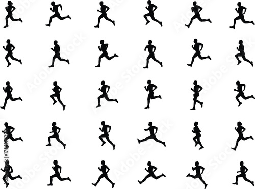 Running silhouette sequence, athlete motion cycle, jogging gait stages, sports biomechanics, fitness animation frames, black vector runner poses - flat vector illustration