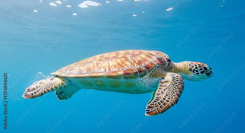 Fototapeta premium Sea Turtle Swimming Gracefully in Clear Blue Ocean Water, Sunlight Filtering Through Surface.