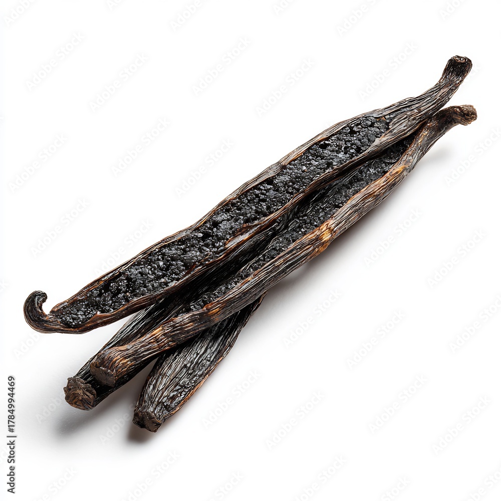 Obraz premium Single vanilla bean pod split open to reveal the thousands of tiny black seeds inside macro photography isolated on a plain white background