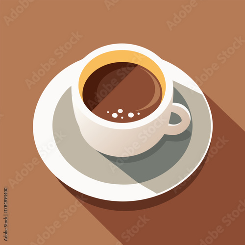 A cup of coffee on a saucer with a long shadow on brown background