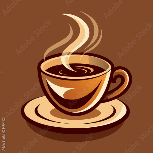 A steaming cup of coffee on a saucer with a brown background