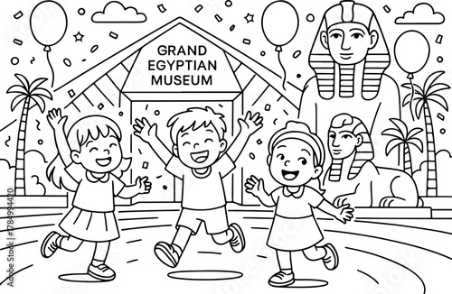 hand drawn vector illustration of Grand Egyptian Museum coloring page for kids