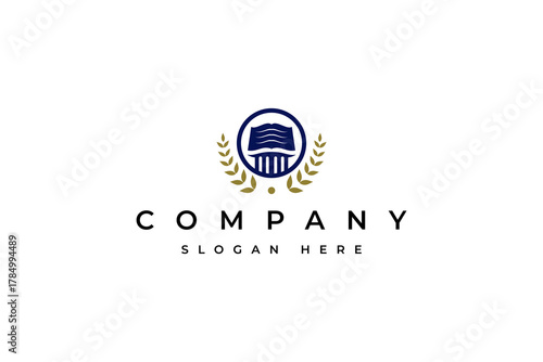 University school academy logo with open book with pillar column icons in classic style. Education emblem or label design