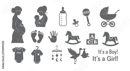 Baby and Pregnancy Icons Set  Newborn, Mother, Stroller, Bottle, Toys, and Gender Reveal Vector.
