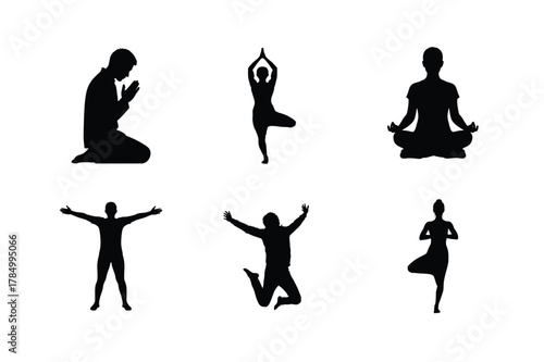 Six human silhouettes illustrating spiritual meditation yoga poses and joyful active body movements on a clean background