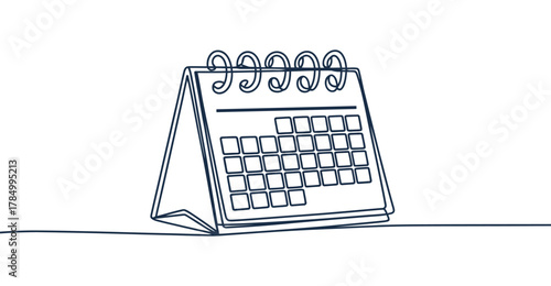 Minimalist continuous line drawing of a desk calendar with spiral binding, symbolizing planning, organization, scheduling, and time management 