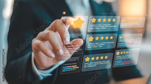 Customer feedback concept with hand touching a digital screen showing reviews and star ratings for business reputation management