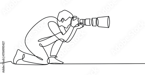 P Minimalist continuous line drawing of a kneeling photographer with telephoto lens, symbolizing creativity, focus, and visual storytelling