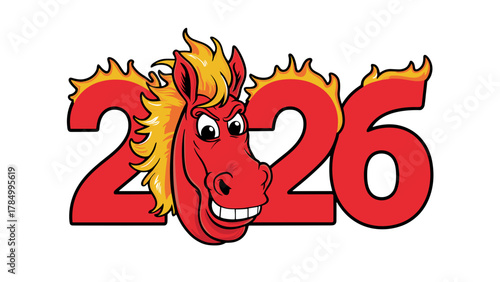 2026 year with cartoon humorous red horse head in flames on transparent background