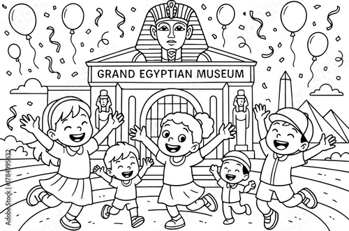 hand drawn vector illustration of Grand Egyptian Museum coloring page for kids