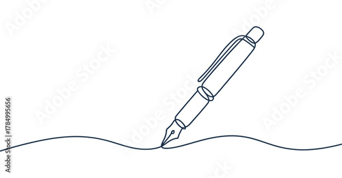  Minimalist continuous line drawing of a fountain pen making a wavy stroke, symbolizing writing, creativity, and elegant communication