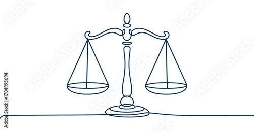 Minimalist continuous line drawing of a balance scale symbolizing justice, fairness, equality, and ethical decision-making in modern art 