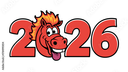 2026 year with playful red horse cartoon sticking tongue out on transparent background