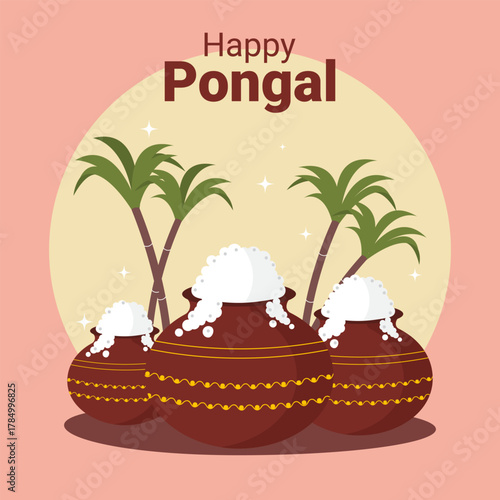 Pongal Day. Indian holiday. Banner with sun, pots, and sugarcane. Vector.
