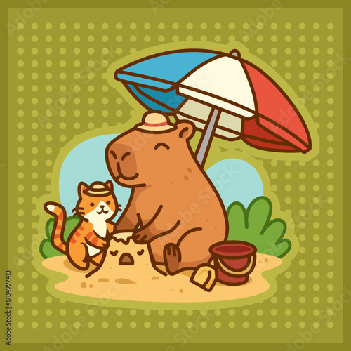 Cute adorable capybara enjoy summer beach