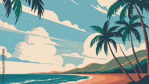 Vector postcard design of a tropical beach resort. Featuring palm trees, retro typography, and a vintage color palette, evoking the relaxed atmosphere of a seaside vacation