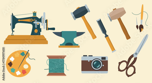 Creative handmade workshop concept featuring a collection of vintage tools for various arts and crafts