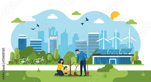Urban greening and sustainable city concept a family planting a tree with eco-friendly buildings and renewable energy in the background