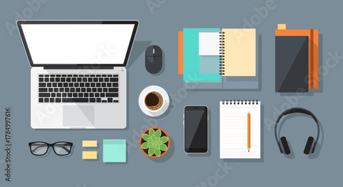 Modern Desk Setup with Laptop, Coffee, and Office Supplies - Top View