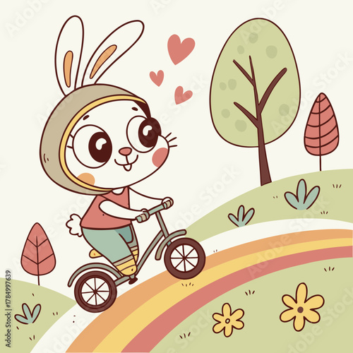 A cute bunny rides a bicycle on a rainbow road in a whimsical landscape