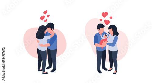 A loving couple embraces and then a family of three shares affection and care.