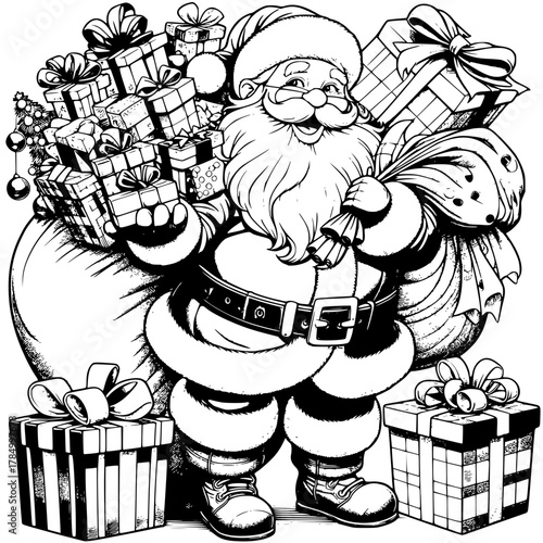 Santa claus carrying a sack full of gifts with presents around him in a black and white illustration