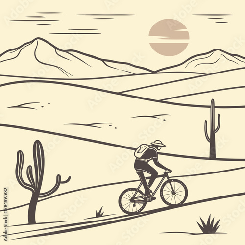 A cyclist rides through a desert landscape with mountains and cacti