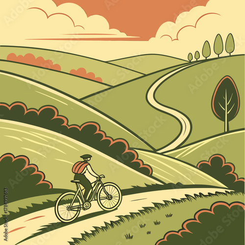 A cyclist rides through rolling green hills on a winding country road