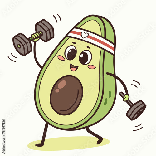 Cartoon avocado lifting dumbbells for fitness fun
