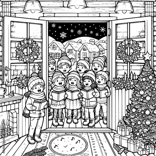 A christmas carol group singing in front of a door with christmas decorations and a christmas tree