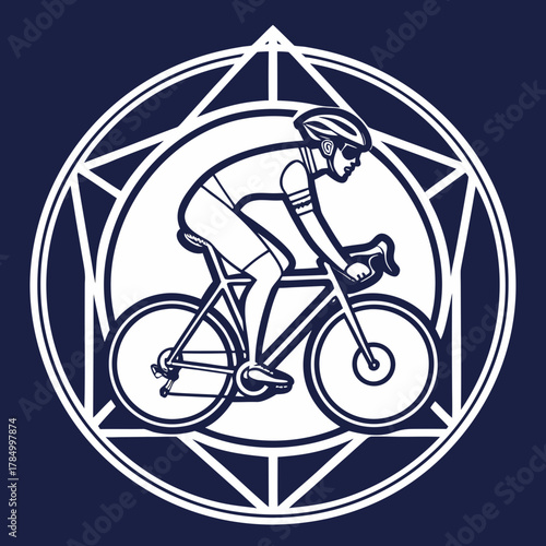 Cyclist riding a bike inside a geometric circle