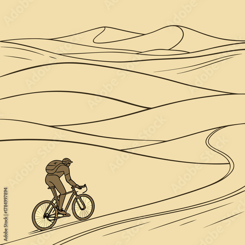 Cyclist riding through a vast desert landscape with sand dunes illustration