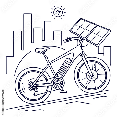 Electric bicycle with solar panel in front of city