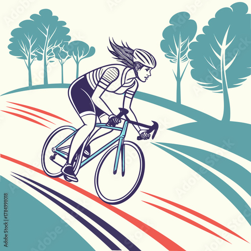 Female cyclist riding on a road with trees