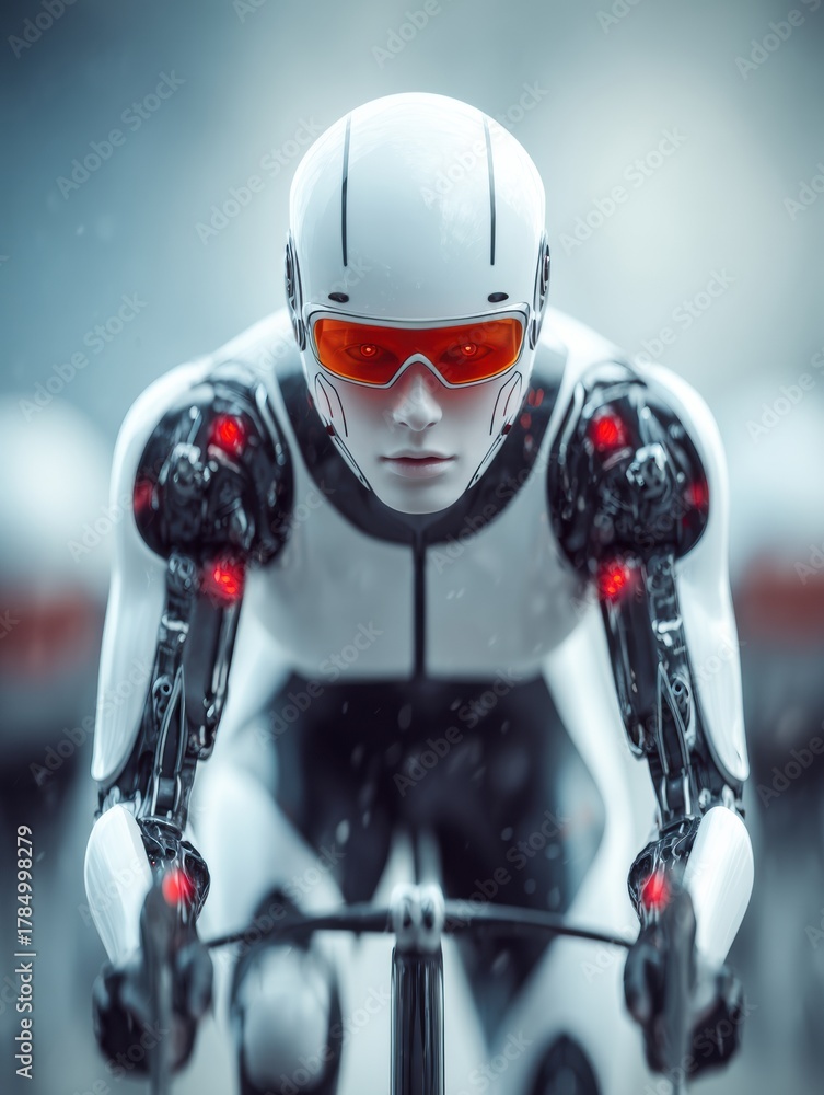 Fototapeta premium Robot Cyclist Racing in Motion Blur With Aerodynamic Glasses During a Futuristic Competition