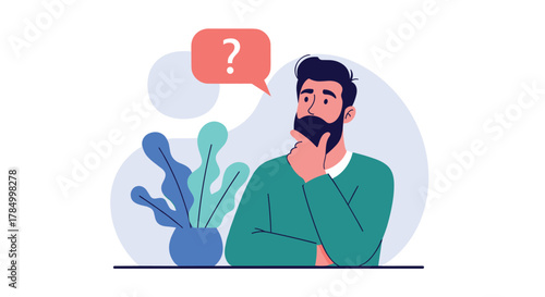 Man thinking about a question mark in a speech bubble above his head while sitting at a desk with plants.