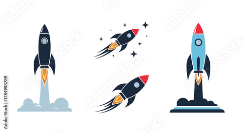 Exploring the universe with colorful rockets launching into the sky.